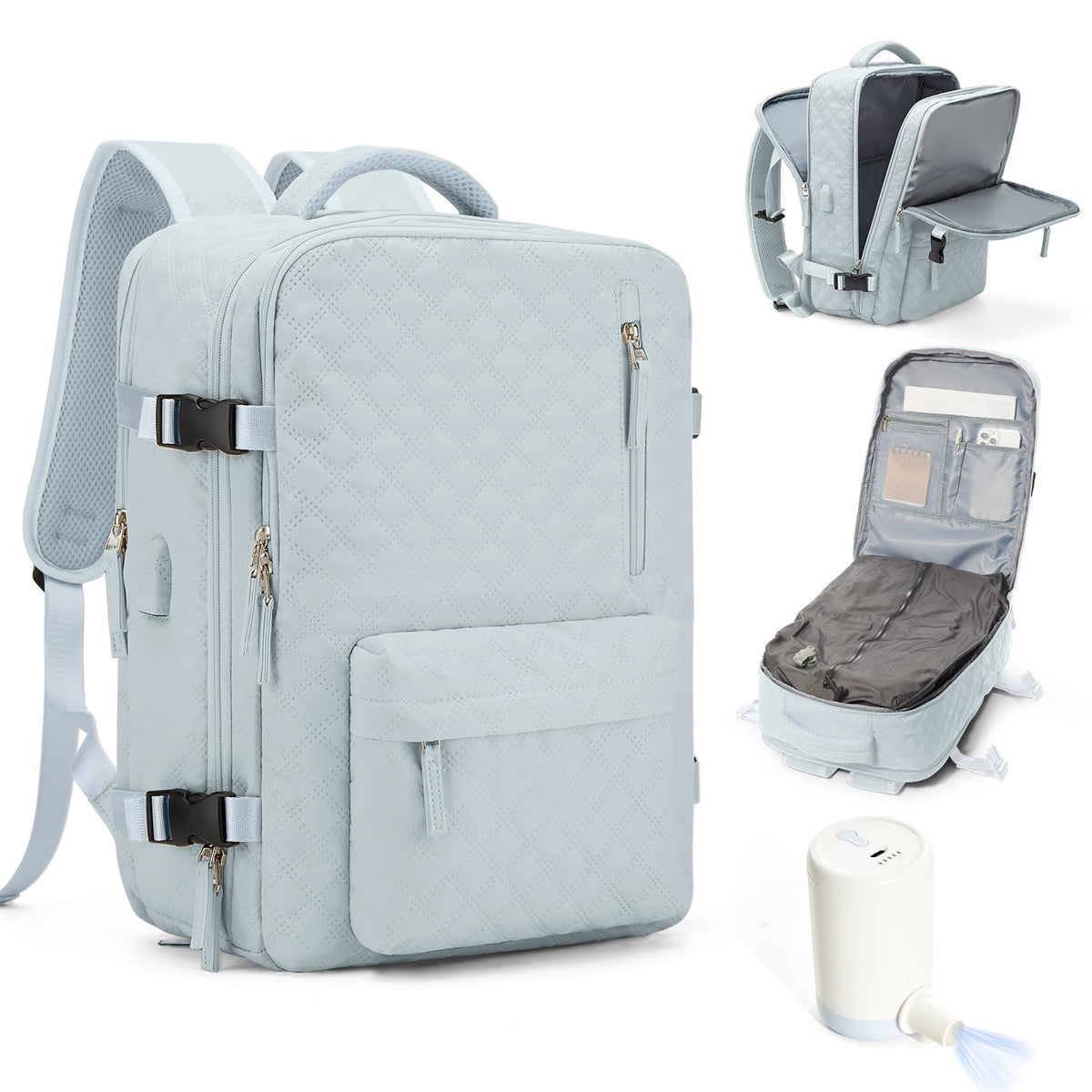 suwasp Vacuum Backpack Travel with Pump, Travel Backpack for Women Men, Vacuum Compression Bags with Laptop Compartment/Shoe Compartment, Personal Item Carry On Backpacks Flight Approved, Light Blue