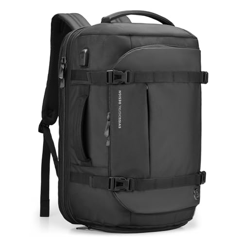 Swissdigital Design Travel Backpack 40L,TSA Friendly Flight Approved Carry-on Hand Luggage,with USB Charging Port Large Weekender Bag Fits 17 Inch Laptop Backpack Black | SD1756-01