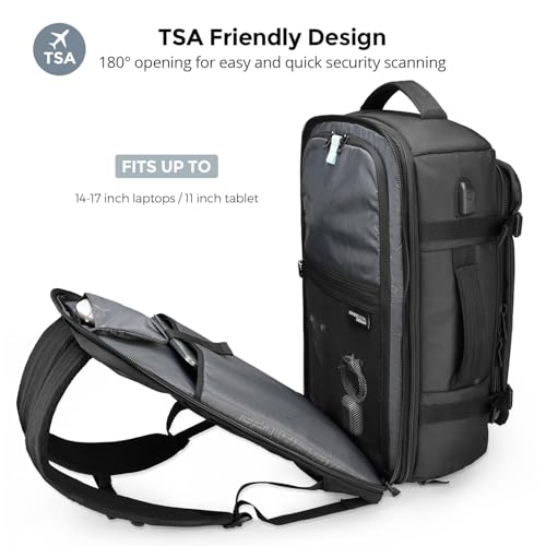 Swissdigital Design Travel Backpack 40L,TSA Friendly Flight Approved Carry-on Hand Luggage,with USB Charging Port Large Weekender Bag Fits 17 Inch Laptop Backpack Black | SD1756-01
