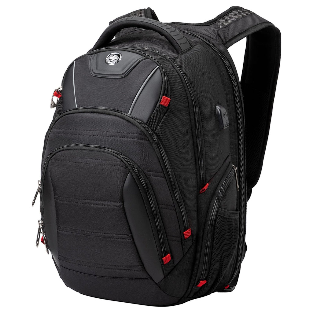 Swissdigital Design Travel Backpack for men, TSA Friendly USB Charging RFID Protection Business Backpack Fits 15.6" Laptops Black | J14-BR