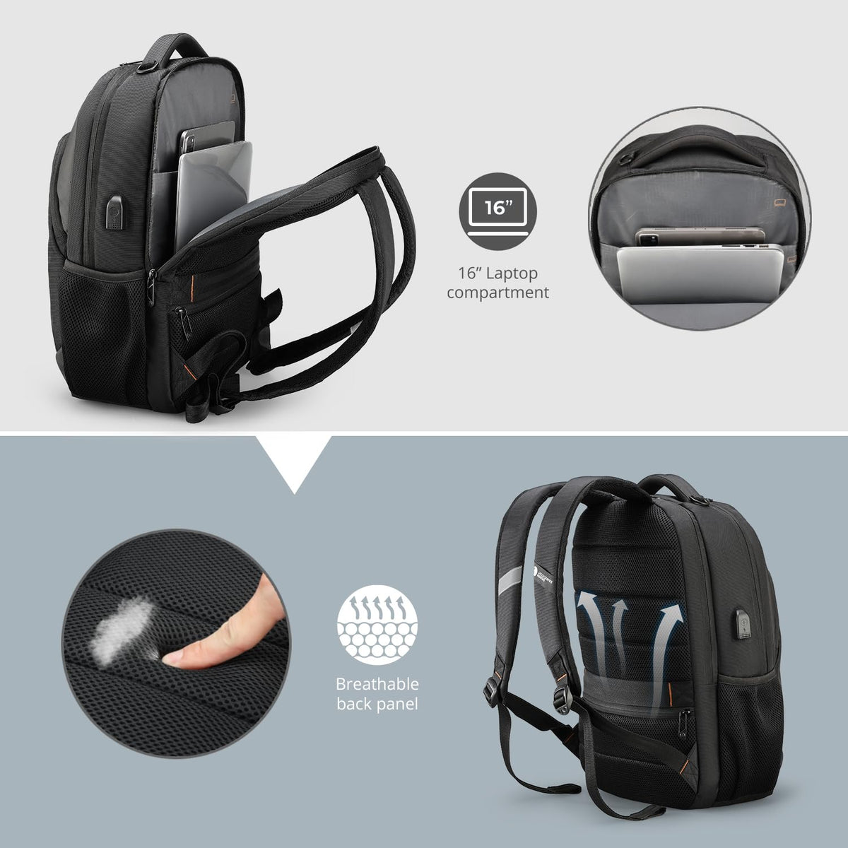 Swissdigital Design Travel Laptop Backpack, Laptops Backpack with USB Charging Port for Men Women Fits 16 Inch Notebook, Black | SD1670 - 01