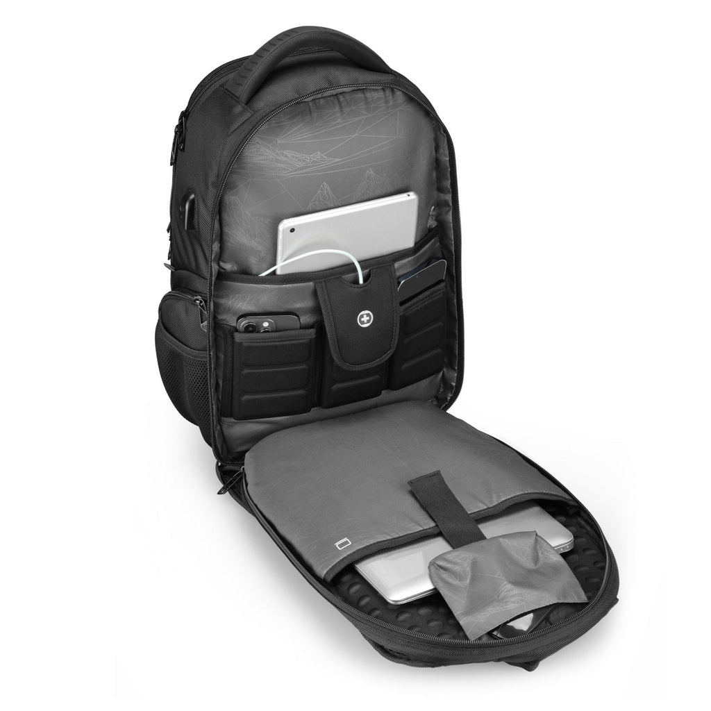 Swissdigital Design TSA Business Laptop Backpack for Men, Large Capacity Travel Backpack with Apple Find My Network and USB Charging Port Tech Backpacks Fits 17 Inch Computer Black| SD1643FB - 01