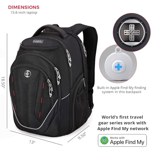 Swissdigital Design TSA Laptop Backpack Men's USB Charging Port Large Capacity Business Travel Backpack Black| With Apple Find My Network Black/Red | J16BTFB-41