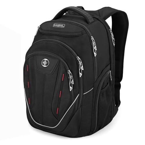 Swissdigital Design TSA Laptop Backpack Men's USB Charging Port Large Capacity Business Travel Backpack Black| With Apple Find My Network Black/Red | J16BTFB-41