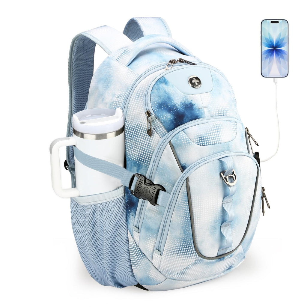 Swissdigital Laptop Backpack with USB Charging Port, Travel Backpack Fits 15.6 inches Computer, 31L Backpack for Men, Polka Blue | SD803-105