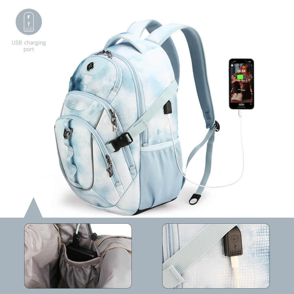 Swissdigital Laptop Backpack with USB Charging Port, Travel Backpack Fits 15.6 inches Computer, 31L Backpack for Men, Polka Blue | SD803 - 105
