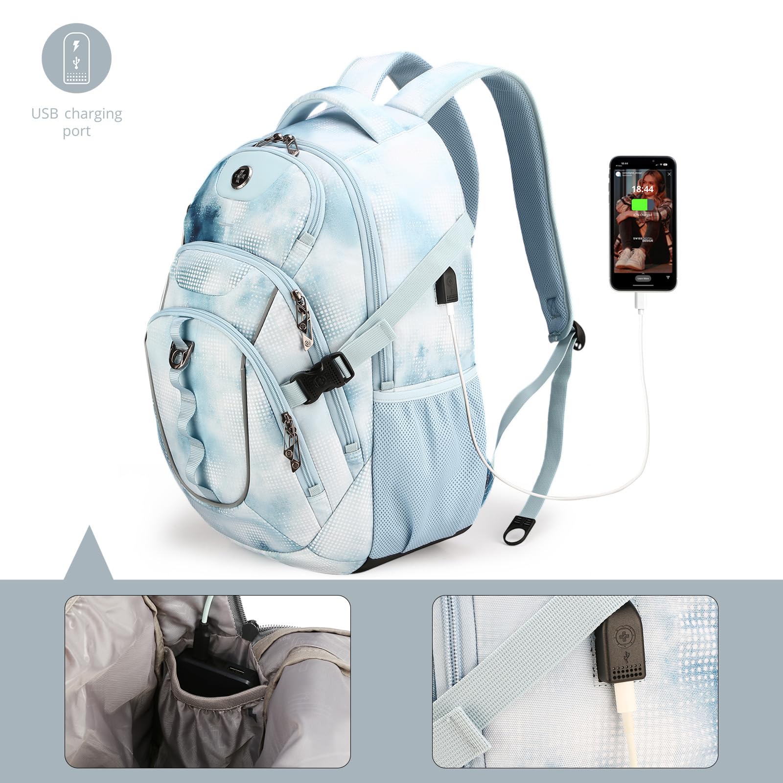 Swissdigital Laptop Backpack with USB Charging Port, Travel Backpack Fits 15.6 inches Computer, 31L Backpack for Men, Polka Blue | SD803 - 105