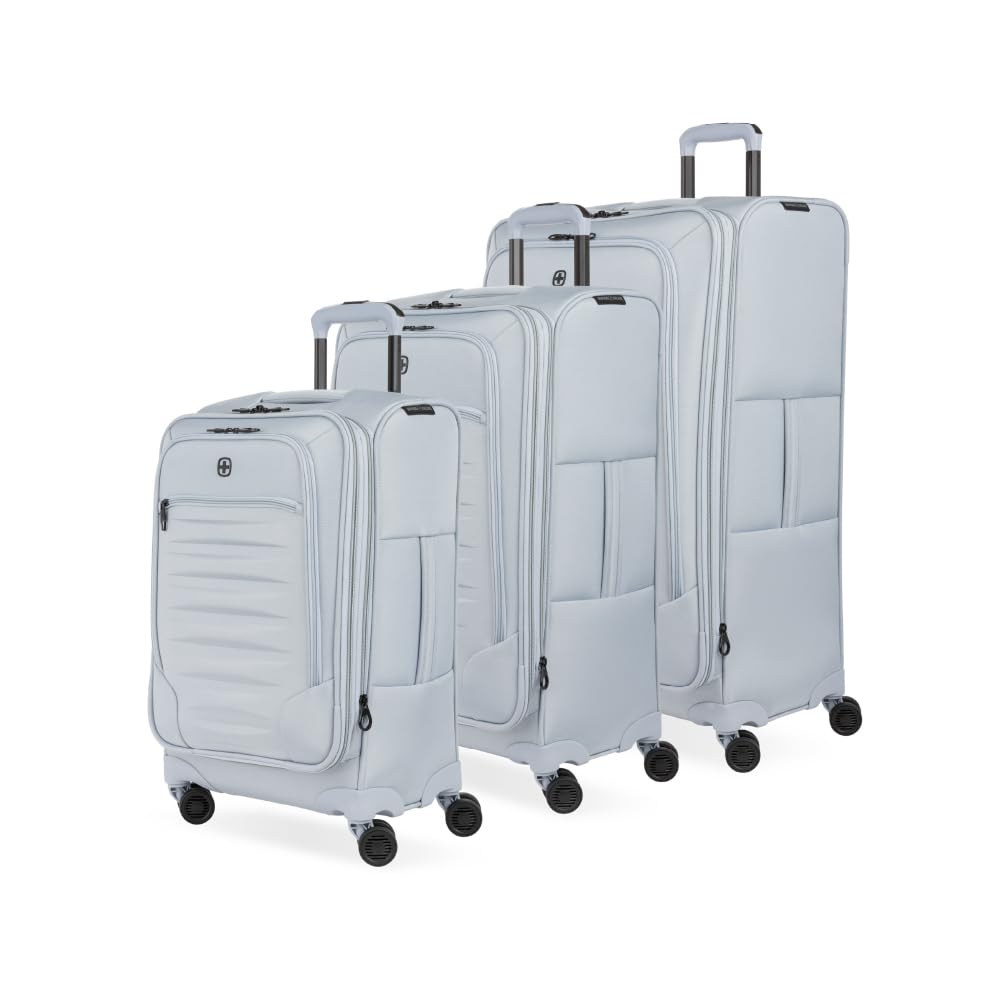 SwissGear Opulence Softside Expandable Luggage Light Blue – 3-Piece Suitcase Set with Spinner Wheels (21/25/29) – Ideal for 2-3 Week Trips