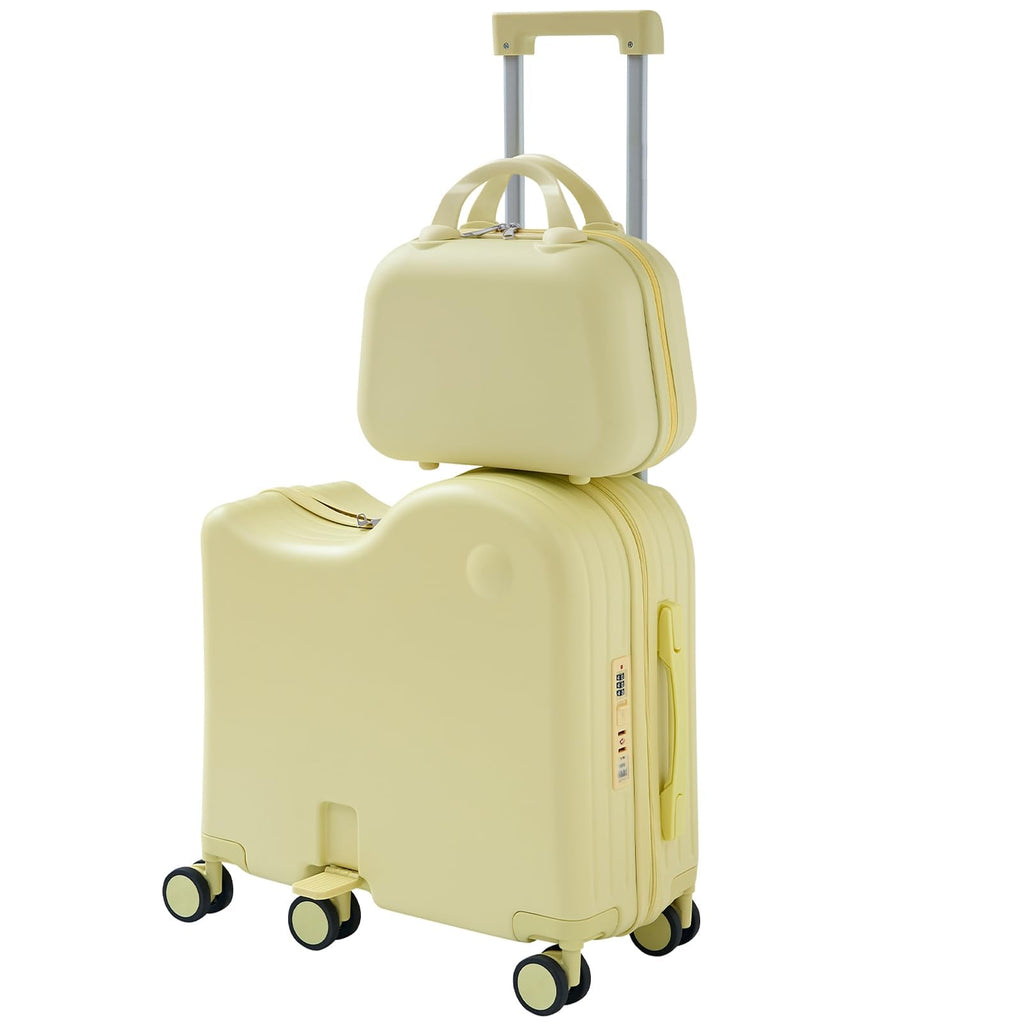 TABU Ride-on Luggage with Portable Bag for Kids，Hardshell Carry On Suitcase with Hidden Cup Holder, Foldable Pedal,Type-C & USB Interface, TSA Lock, 6-Spinner Wheels, Yellow
