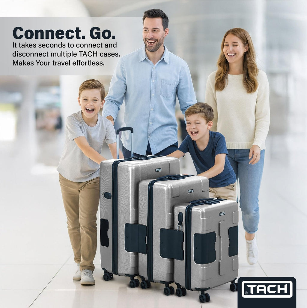TACH Patented Connecting Hard Shell 3 Piece Luggage Set - 20, 24 & 28 inch Luggage | Carry - On, Medium & Large Rolling Suitcases - Silver