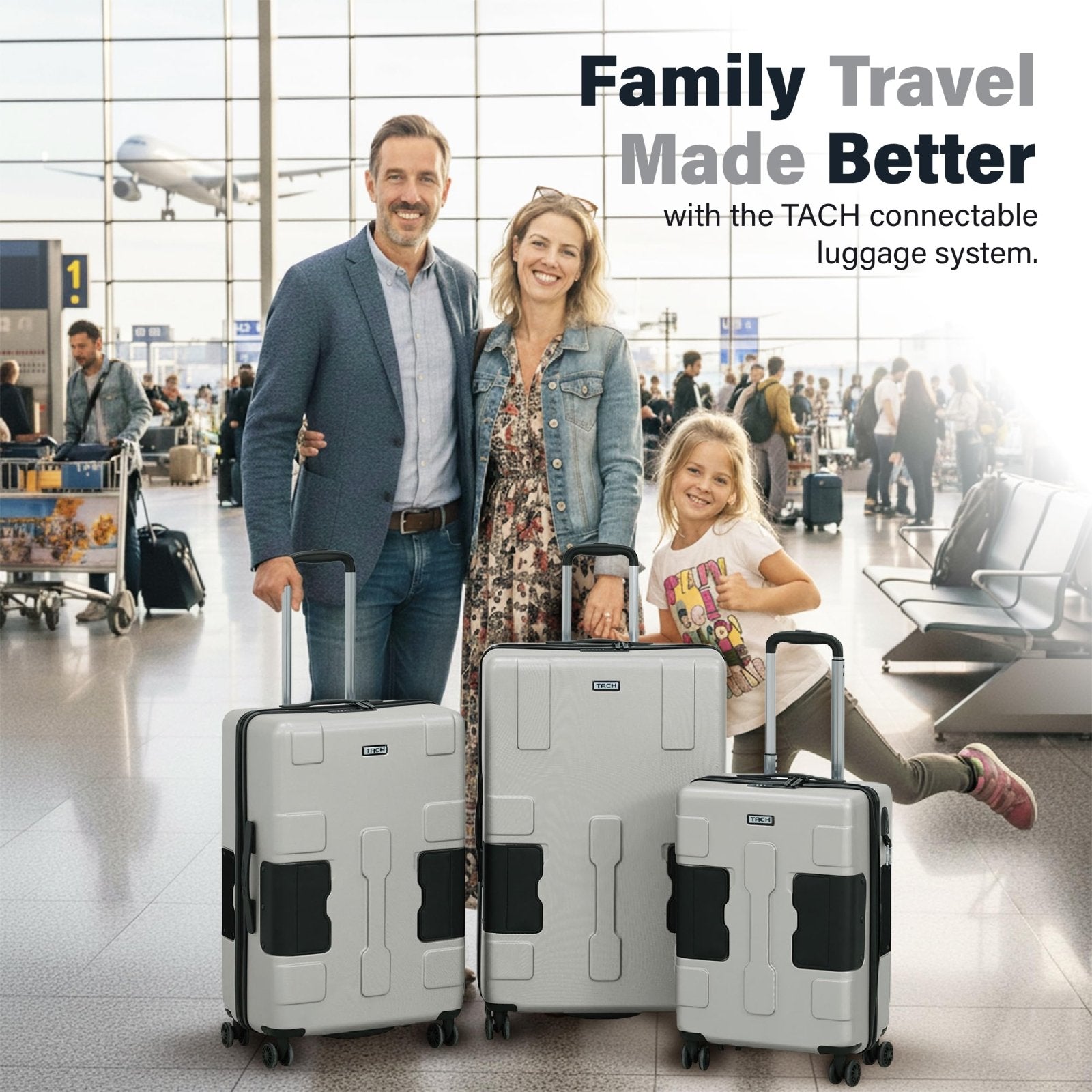 TACH Patented Connecting Hard Shell 3 Piece Luggage Set - 20, 24 & 28 inch Luggage | Carry - On, Medium & Large Rolling Suitcases - Silver