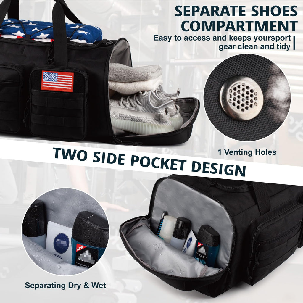 Tactical Gym Bag for Men，50L Large 3 in 1 Sports Duffle Bag with Shoes Compartment for Travel,Water Resistant Travel Backpack Weekender Overnight Bag with Wet Pocket for Women