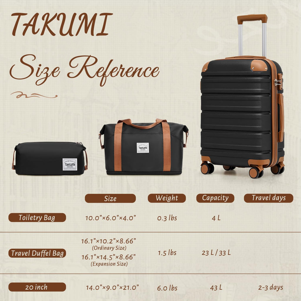 TAKUMI Carry On Luggage Set 3 Piece ABS+PC Hardshell Suitcases with Duffel Bag Double Spinner Wheels Travel Luggage with TSA Lock Lightweight Suitcase Set(BLACK BROWN, 3 PIECE SET(20/DB/TB))
