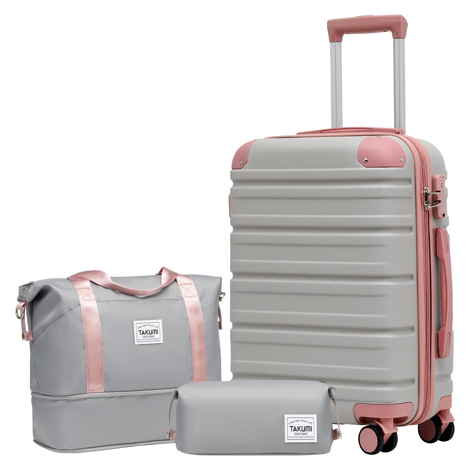 TAKUMI Carry On Luggage Set 3 Piece ABS+PC Hardshell Suitcases with Duffel Bag Double Spinner Wheels Travel Luggage with TSA Lock Lightweight Suitcase Set(GREY PINK, 3 PIECE SET(20/DB/TB))