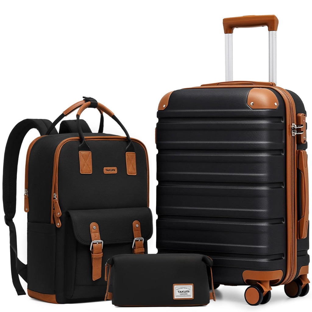 TAKUMI Luggage Sets 3 Piece, 20 Inch Carry On Luggage Set with Backpack, PC+ABS Hardshell Suitcases with Wheels, Lightweight Travel Luggage with TSA Lock for Women, Men （BLACK BROWN, 3 PIECE SET（BP）