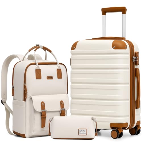 TAKUMI Luggage Sets 3 Piece, 20 Inch Carry On Luggage Set with Backpack, PC+ABS Hardshell Suitcases with Wheels, Lightweight Travel Luggage with TSA Lock for Women, Men (WHITE BROWN, 3 PIECE SET（BP）)