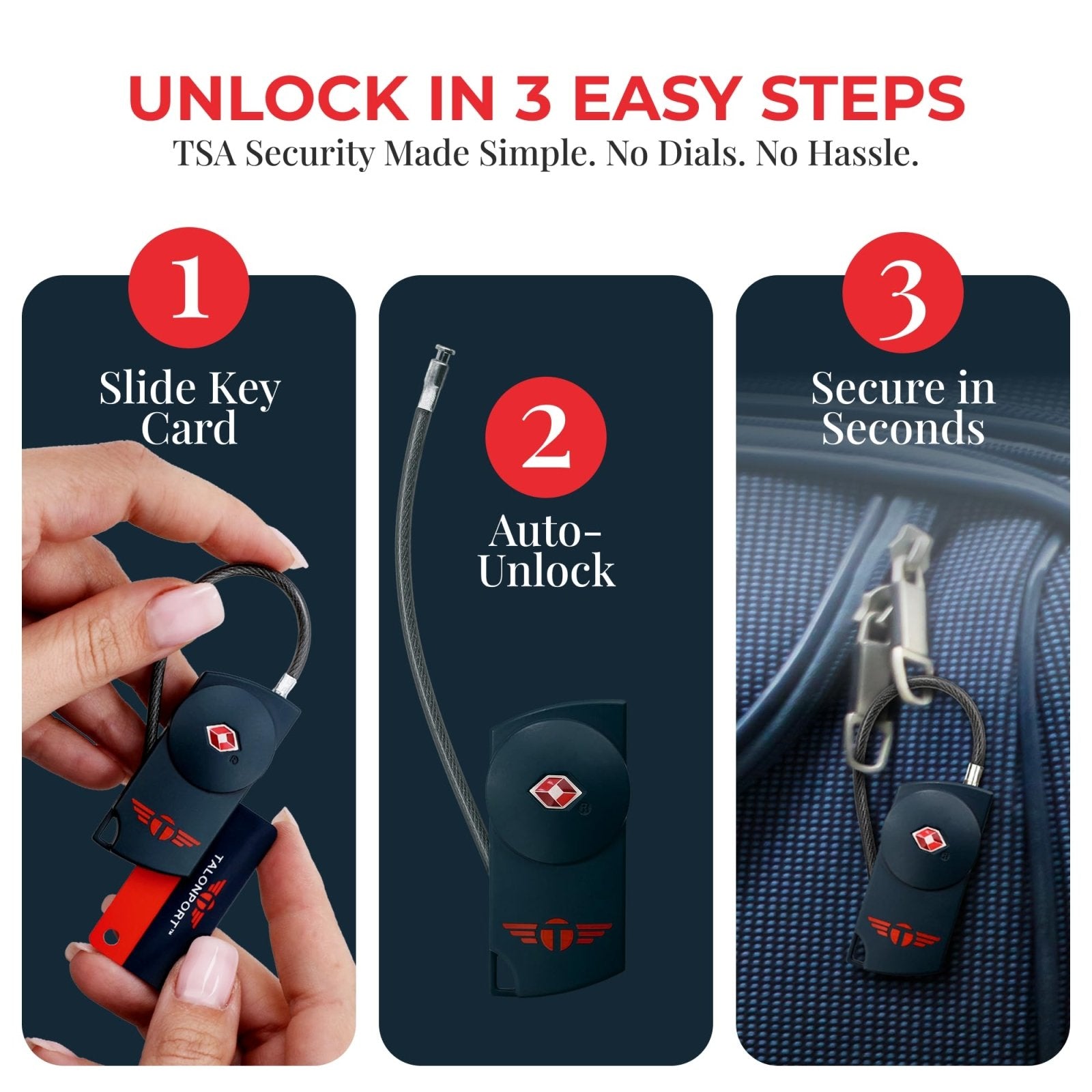Talonport Keyless Luggage Locks TSA Approved, No Combination Needed, Lifetime Card Keys, Durable Metal Suitcase Lock for Travel Essentials & Checked Bags (Blue) (2 Pack)