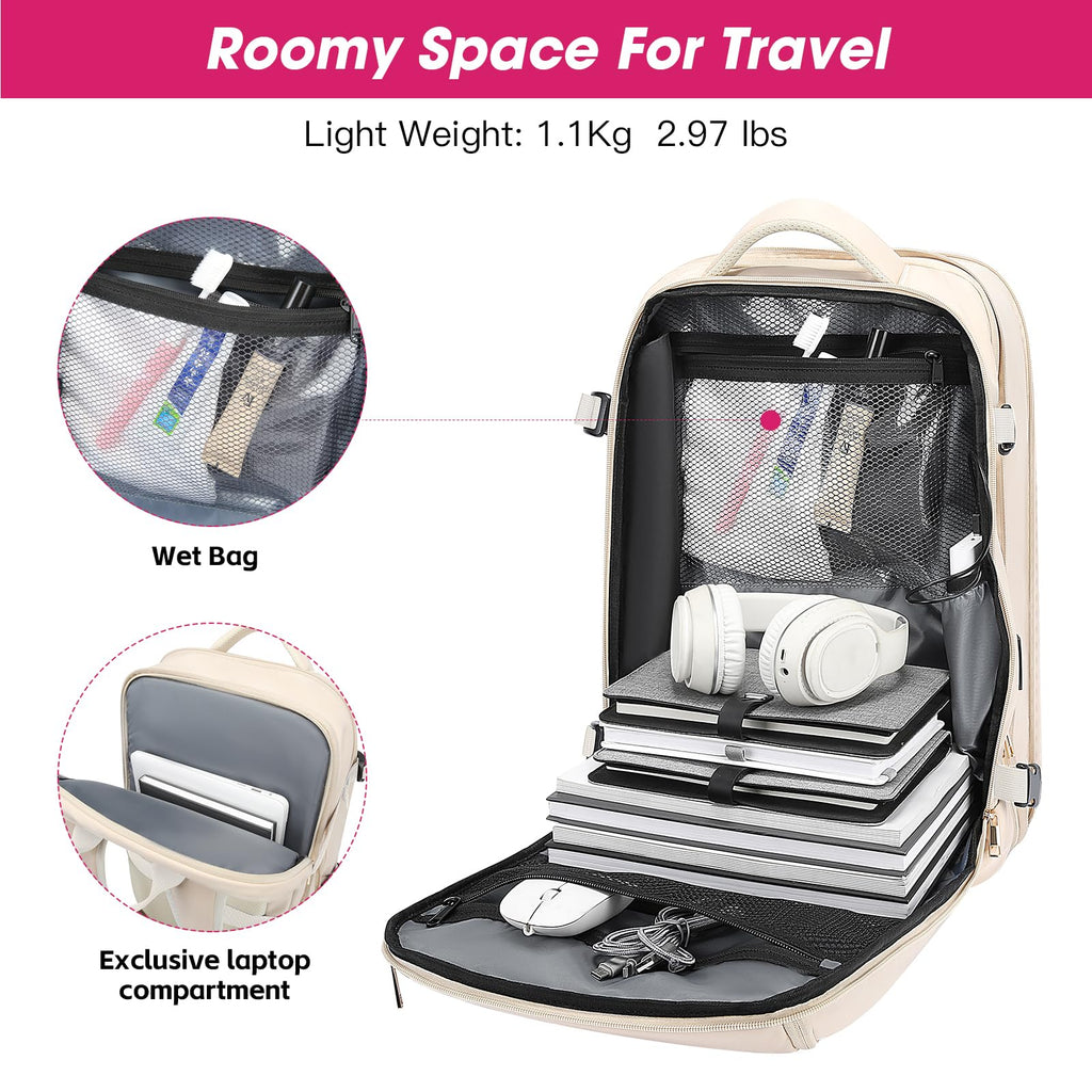 TANGCORLE Travel Backpack for Women, 50L Extra Large Capacity Backpack with USB Charging Port, Expandable 17.3 inch Laptop Backpack Mochila Flight Approved, Casual Daypack for Weekender,Beige