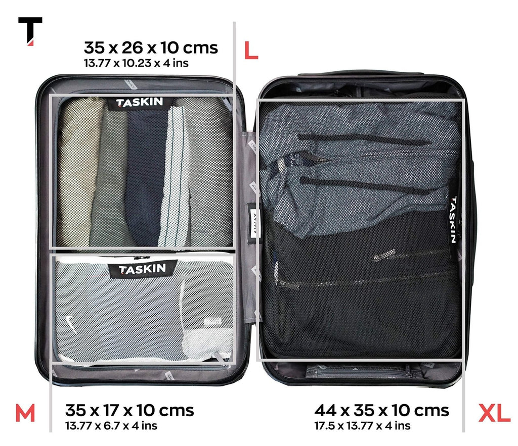 Taskin Compression Packing Cubes | Separate Clean & Dirty Compartments w/Flexible Separator | YKK Zippers | Set of 4 (2L + 2M)