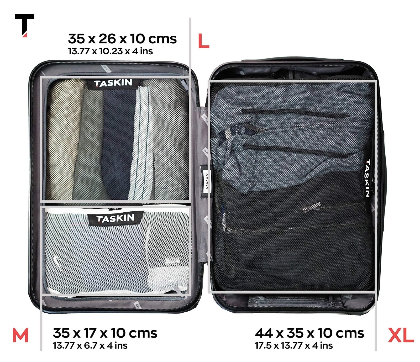 Taskin Compression Packing Cubes | Separate Clean & Dirty Compartments w/Flexible Separator | YKK Zippers | Set of 4 (2L + 2M)