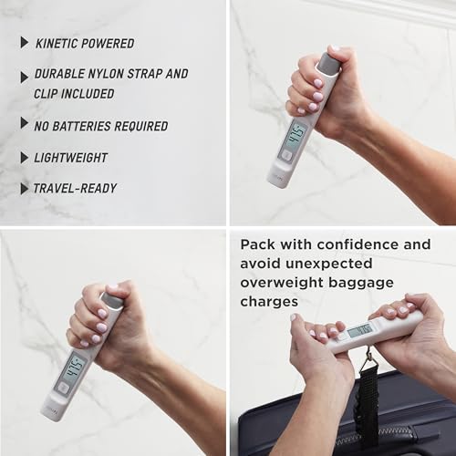 Taylor Kinetic Powered Digital Luggage Scale, 110 lb Capacity, No Batteries Required, Lightweight Travel Scale with Durable Nylon Strap and Clip, Portable Suitcase Weight Checker for Travelers, White