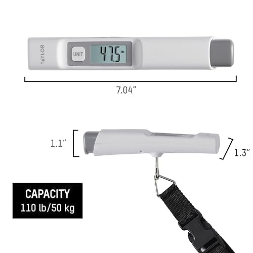 Taylor Kinetic Powered Digital Luggage Scale, 110 lb Capacity, No Batteries Required, Lightweight Travel Scale with Durable Nylon Strap and Clip, Portable Suitcase Weight Checker for Travelers, White