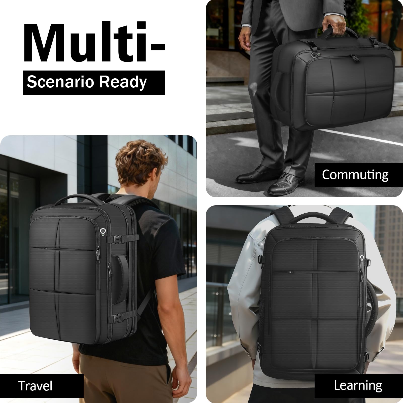 tazbuzo Travel Backpack For Men, Extra Large 50L Flight Approved Carry on Backpack, Expandable Waterproof Business Suitcase Daypack Big Bag Fits 18.4 Inch Laptop, Black