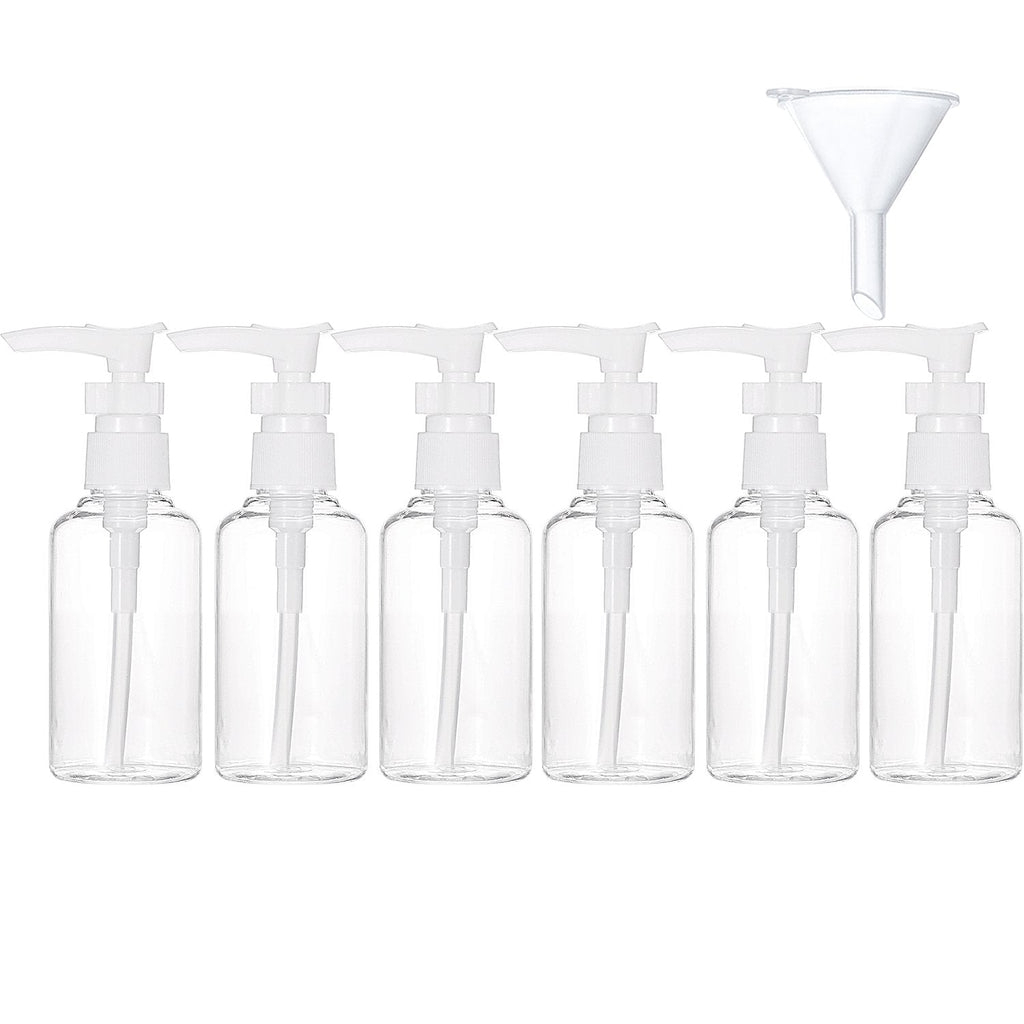 TecUnite 6 Pack Small Pump Bottles Clear Travel Bottle Plastic Empty Spray Dispenser Hand Lotion Sanitizer Refillable Accessories Set with Small Funnel for Flight, Airport, Holiday