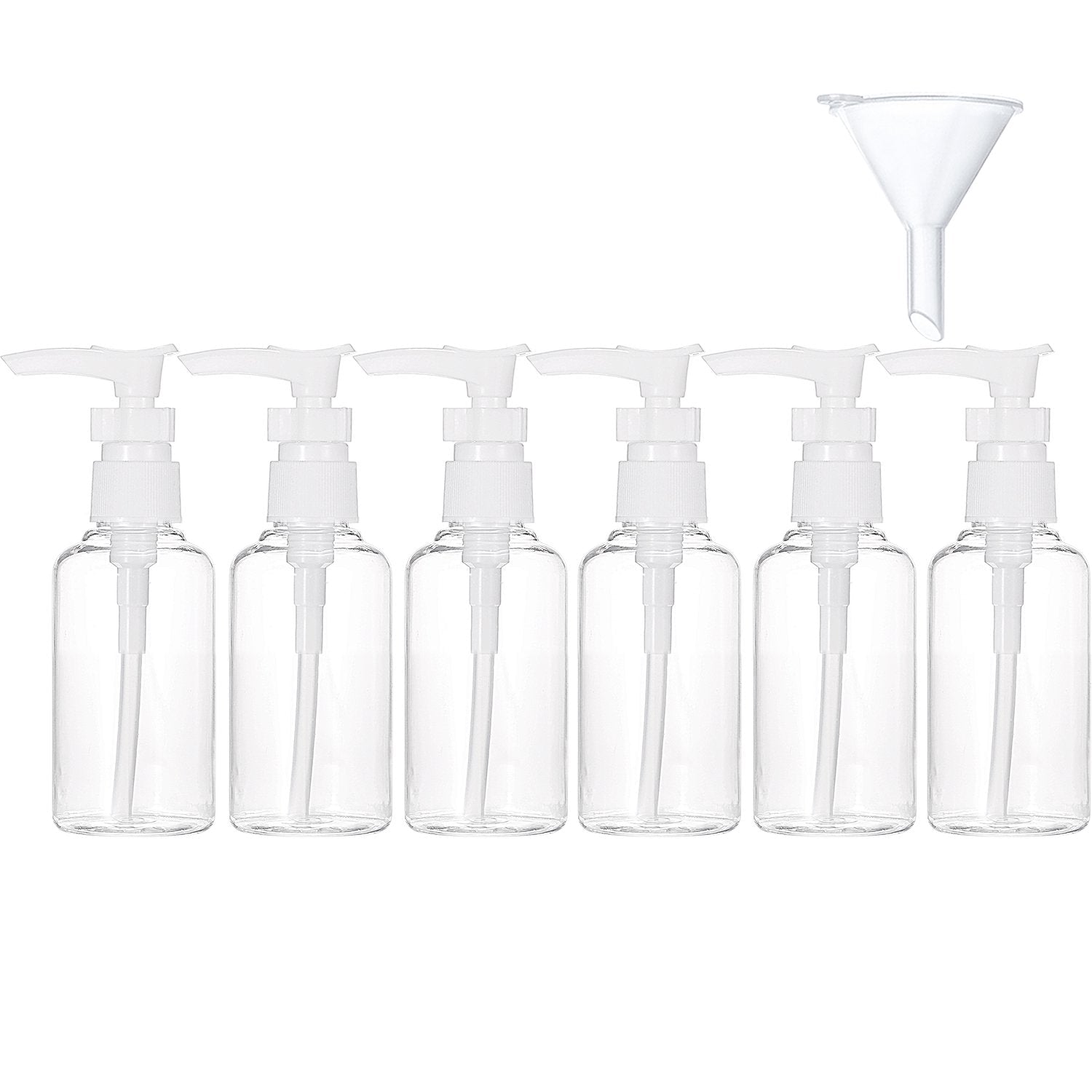 TecUnite 6 Pack Small Pump Bottles Clear Travel Bottle Plastic Empty Spray Dispenser Hand Lotion Sanitizer Refillable Accessories Set with Small Funnel for Flight, Airport, Holiday