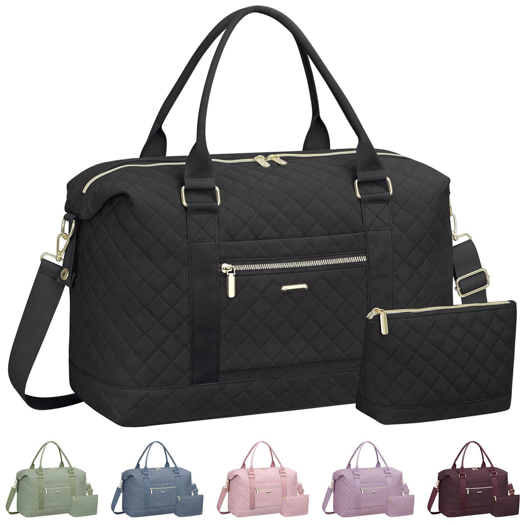 Tenot Quilted Travel Duffle Bag for Travel Women with Toiletry Bag, Large Weekender Bags for Women Carry on Duffel Overnight Bag, Waterproof Travel Tote Bags for Sports, Weekender, Business, Black