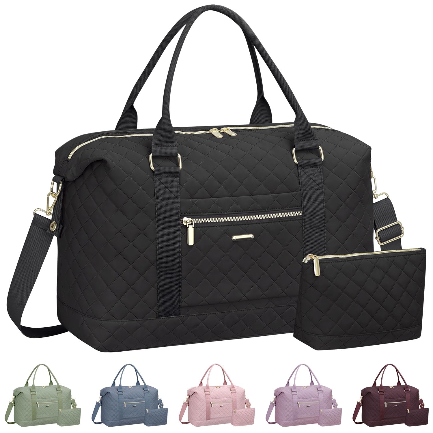 Tenot Quilted Travel Duffle Bag for Travel Women with Toiletry Bag, Large Weekender Bags for Women Carry on Duffel Overnight Bag, Waterproof Travel Tote Bags for Sports, Weekender, Business, Black