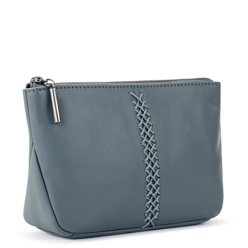 The Sak Essential Medium Pouch in Leather, Travel Bag with Zipper Closure, Denim Crochet