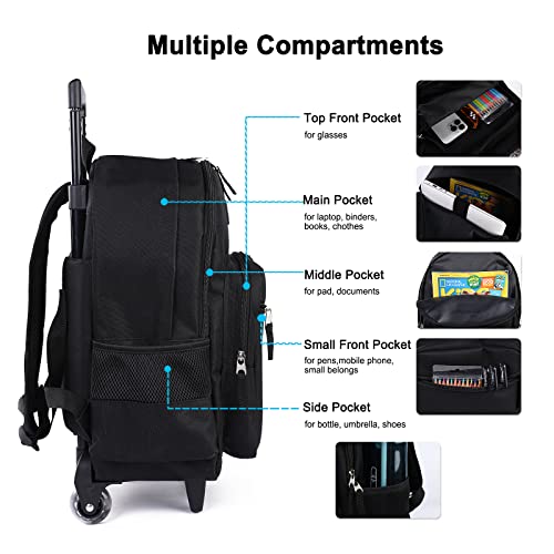 Tilami Rolling Backpack 18 inch Double Handle with Lunch Bag Wheeled Kids Backpack for Girls and Boys, Black