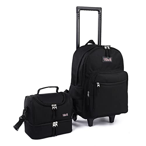 Tilami Rolling Backpack 18 inch Double Handle with Lunch Bag Wheeled Kids Backpack for Girls and Boys, Black