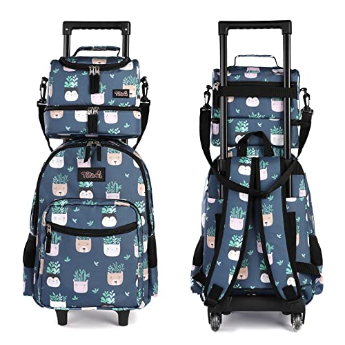 Tilami Rolling Backpack 18 inch Double Handle with Lunch Bag Wheeled Kids Backpack for Girls and Boys, Plants Blue