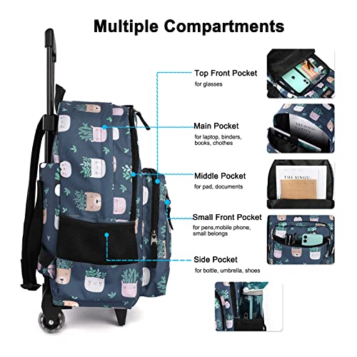 Tilami Rolling Backpack 18 inch Double Handle with Lunch Bag Wheeled Kids Backpack for Girls and Boys, Plants Blue