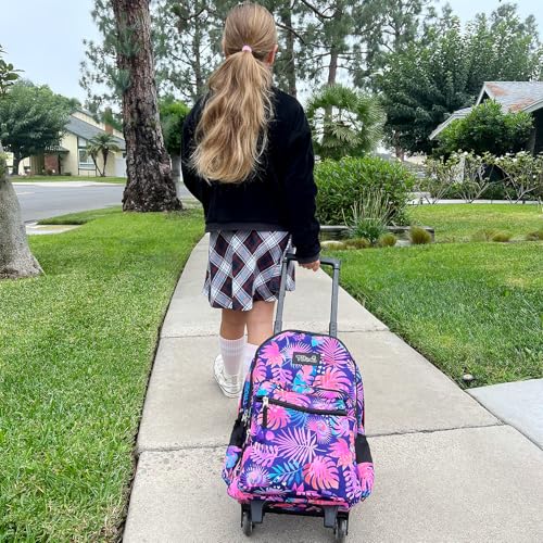 Tilami Rolling Backpack 18 inch Double Handle with Lunch Bag Wheeled Kids Backpack, Leaves Pink