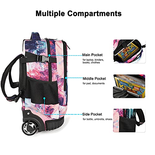 Tilami Rolling Backpack 19 inch Wheeled Cute LAPTOP Boys Girls Travel School Student Trip (Pink)