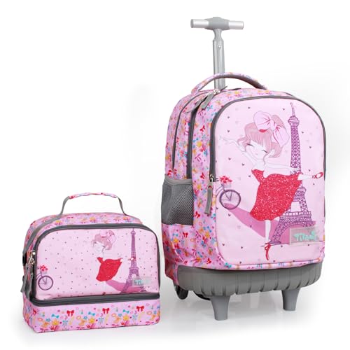Tilami Rolling Backpack for Kids 18 Inch Wheeled Bookbag for Boys & Girls for School & Travel,Pink Girl