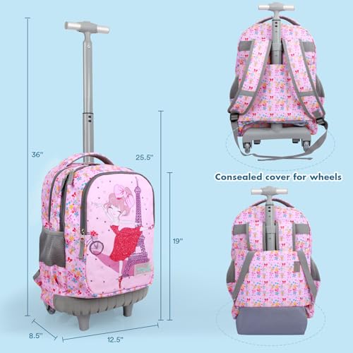 Tilami Rolling Backpack for Kids 18 Inch Wheeled Bookbag for Boys & Girls for School & Travel,Pink Girl