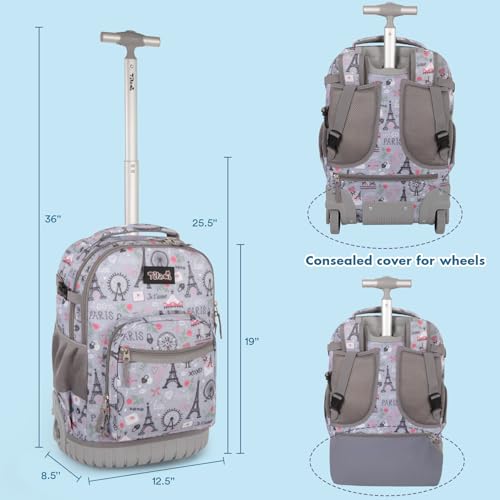 Tilami Rolling Backpack for Kids 19 inch with Lunch Bag Wheeled Laptop Backpack,Grey