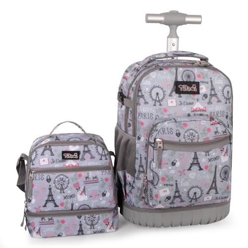 Tilami Rolling Backpack for Kids 19 inch with Lunch Bag Wheeled Laptop Backpack,Grey