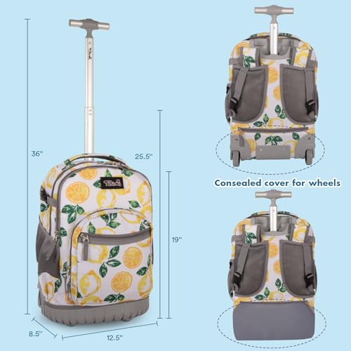 Tilami Rolling Backpack for Kids 19 inch with Lunch Bag Wheeled Laptop Backpack,Lemon