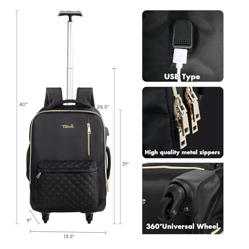 Tilami Rolling Backpack for Women, Carry on Laptop Backpacks with Wheels, 40L Roller Backpack for Travel,Black