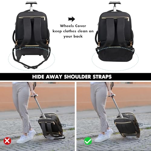 Tilami Rolling Backpack for Women, Carry on Laptop Backpacks with Wheels, 40L Roller Backpack for Travel,Black