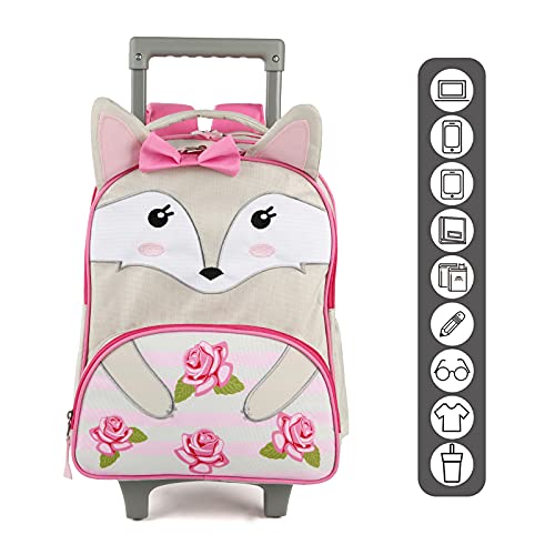 Tilami Toddler Rolling Backpack 16 inch Kids Wheeled Backpack Boys Girls Travel School Children Luggage Toddler Trip, Fox