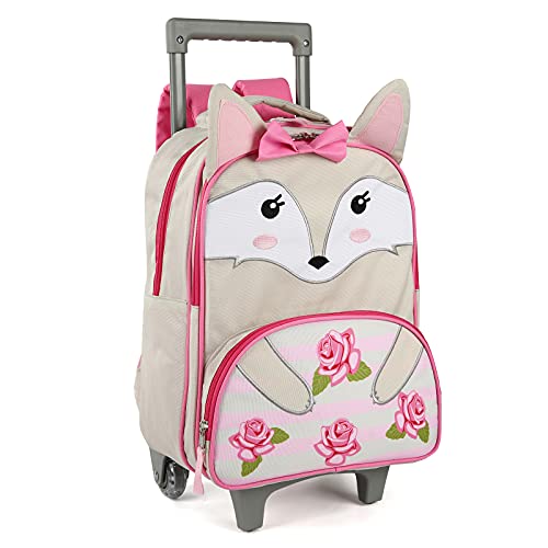 Tilami Toddler Rolling Backpack 16 inch Kids Wheeled Backpack Boys Girls Travel School Children Luggage Toddler Trip, Fox