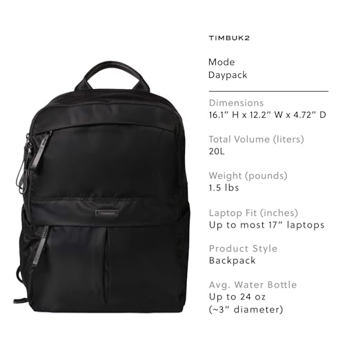 Timbuk2 Mode Laptop Backpack, Travel Carry On Personal Item Bag for Women & Men, 17" Laptop Sleeve, Work & Commuter Pack with Trolley Sleeve, 20L Black