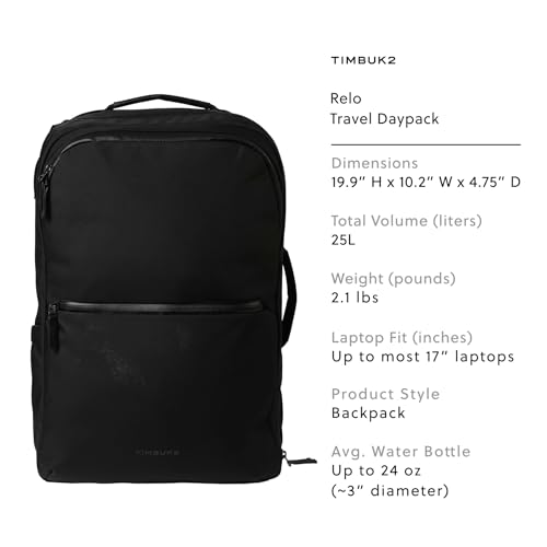 Timbuk2 Relo 25L Personal Item Backpack — Flight Approved Carry On, Clamshell, Laptop Sleeve, Waterproof Zippers, Underseat Bag, Fits 15" Laptop, Women & Men, Black