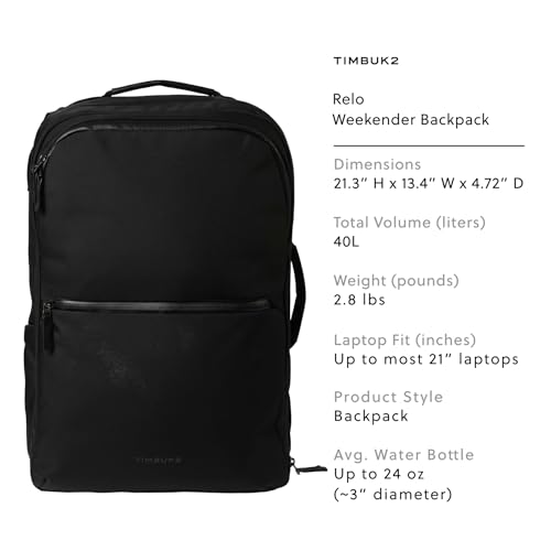 Timbuk2 Relo 40L Carry On Backpack, Flight Approved Carry On Travel Backpack with Clamshell Opening, Laptop Sleeve, Waterproof Zippers, Cordura Nylon, for Work and Air Travel, Black